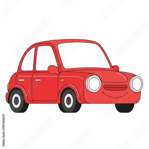 Red cartoon car with a happy face smiles against a white background.