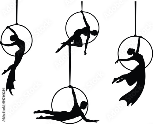 Aerial hoop silhouettes collection, female acrobat performing circus lyra poses isolated on white background, graceful fitness vector illustration set