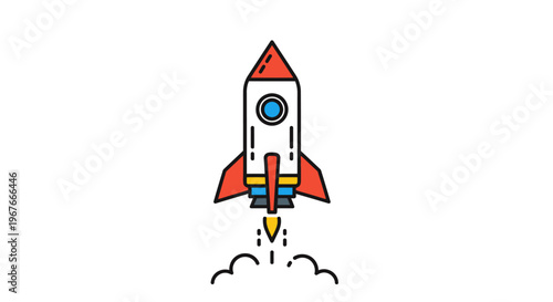 Colorful cartoon rocket ship blasting off.