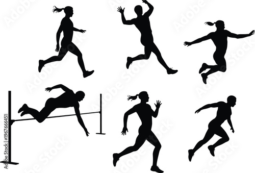 Female athlete silhouettes collection, running jumping and hurdling sport poses isolated on white background, dynamic fitness vector illustration set