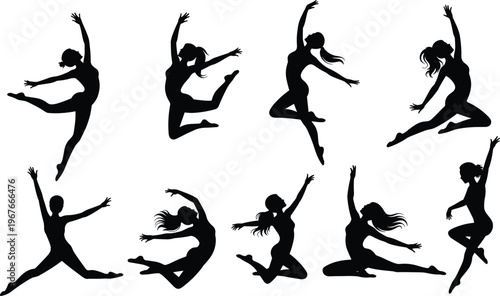 Female dancer silhouettes collection, graceful ballet and contemporary dance poses isolated on white background, artistic movement vector illustration set