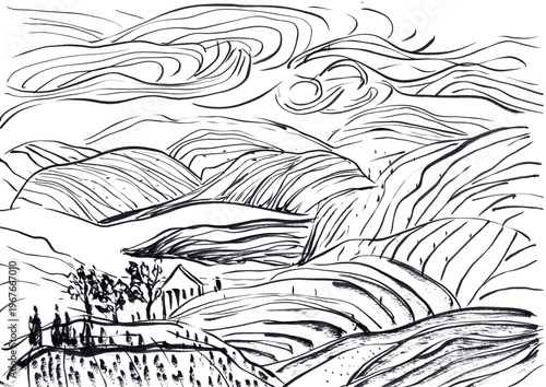 Original Hand-Drawn Ink Sketch: Rolling Hills with Terraced Fields and Swirling Clouds