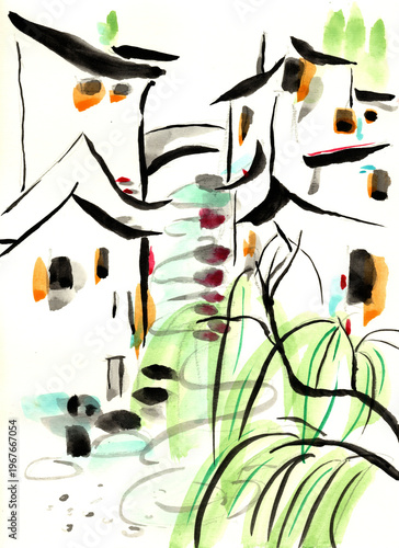 Original Hand-Painted Ink Wash: Abstract Traditional Chinese Houses with Vibrant Color Accents