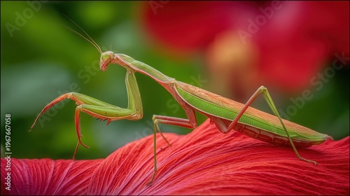 Ornate praying mantis in emerald and brown hues rests on a vibrant red petal, showcasing intricate insect details in nature.