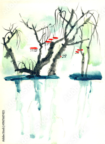 Original Hand-Painted Watercolor: Willow Trees Reflecting in Water with Red Lantern Accents