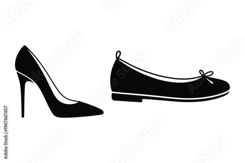 Black silhouette of high heel shoe and ballet flat