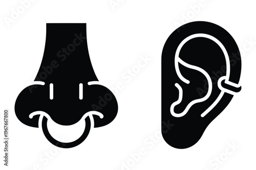 Nose and ear piercing icons: hoop and stud with body art with nose ring