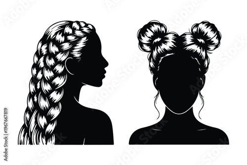 Women's hairstyles vector silhouette: braid and updo with hair care
