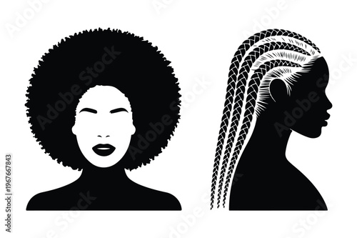 Black women hairstyles vector silhouettes: afro and cornrows with hair care