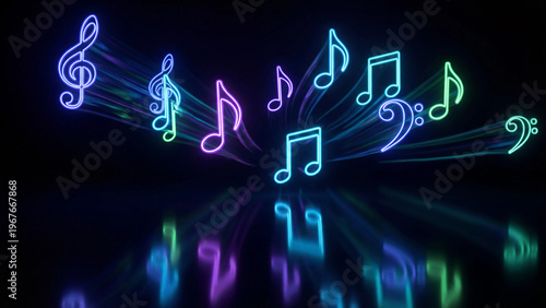 Musical notes glowing neon symbols on dark background creative scene