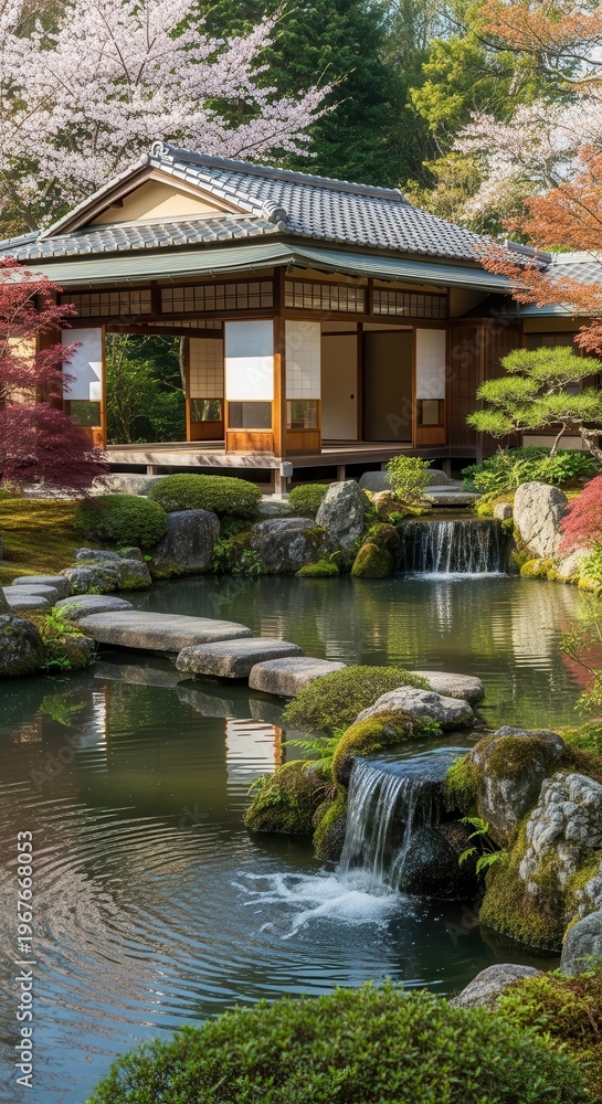 Fototapeta premium Traditional architecture overlooks a serene garden pond with stepping stones and waterfalls.