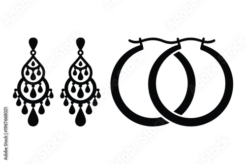 Elegant chandelier and hoop earrings silhouette icons