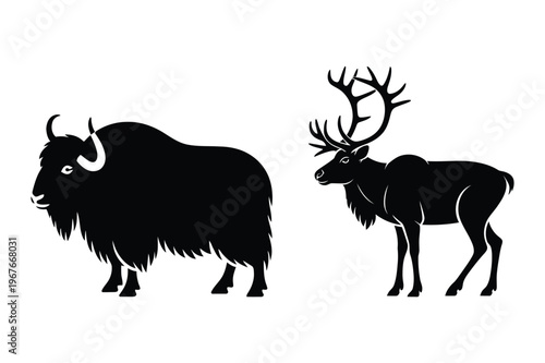 Wild yak and elk mammals silhouette vector set