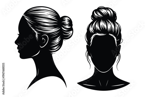 Female head silhouette with elegant hair bun hairstyle