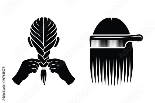 Hair braiding and afro hair comb silhouettes