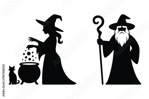 Witch and wizard silhouettes with cauldron and staff