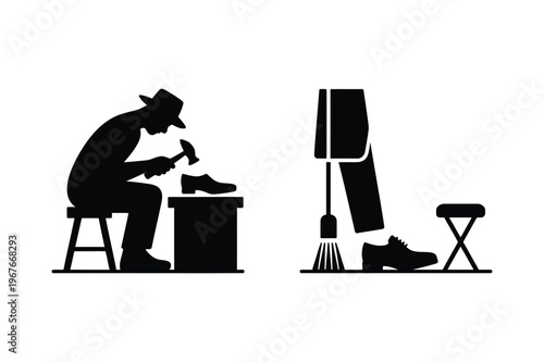 Cobbler hammering shoe and shoe shining cleaning silhouettes