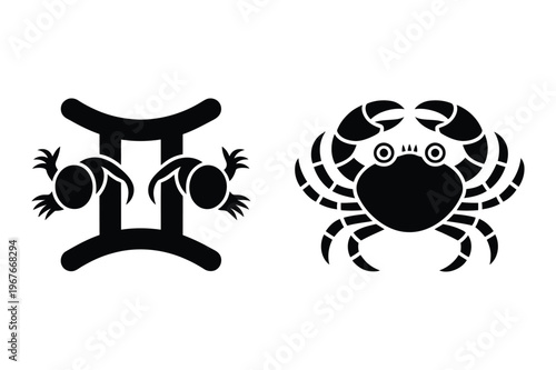 Gemini twins and cancer crab zodiac astrological vector icons