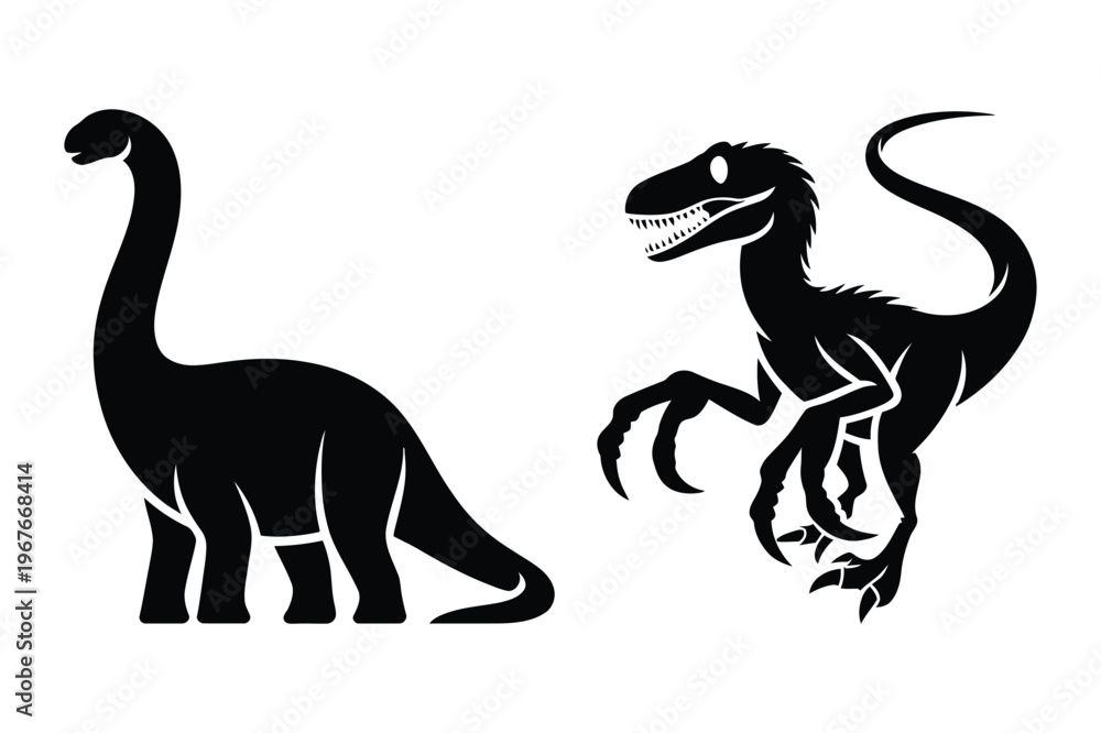 Fototapeta premium Brachiosaurus and velociraptor dinosaur black silhouette illustration