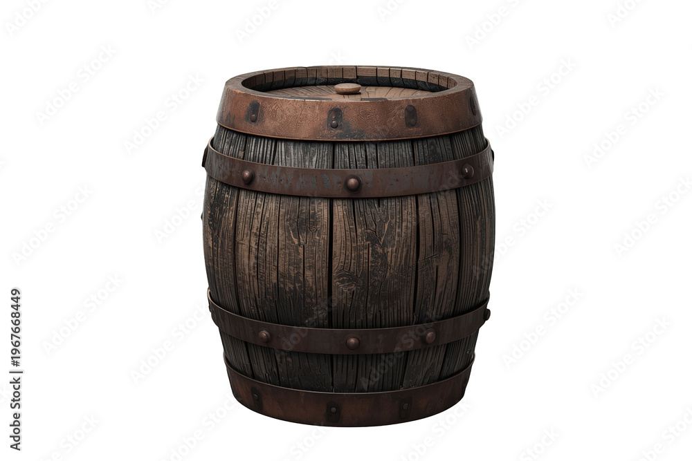 Fototapeta premium Wooden barrel, a vintage vessel made of oak wood and reinforced with rusty metal hoops, used for drinks. Transparent background