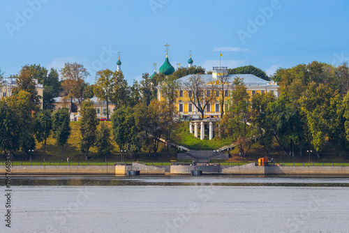 Yaroslavl, Yaroslavl Oblast, Russia. Beautiful summer cityscape. View from the Volga River of the Volga Embankment and the Governor's House, which houses the Yaroslavl Art Museum. Tourist attraction.