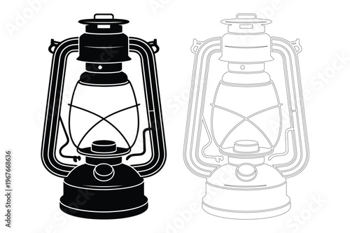 Vintage kerosene lantern black and white vector icons