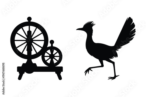 Spinning wheel craft and roadrunner bird silhouette vector icons