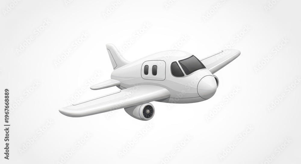 Fototapeta premium Small white airplane flies through the air against a neutral background.