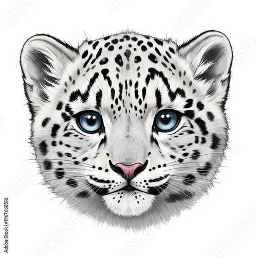 Snow leopard cub portrait features intense blue eyes and detailed spotted fur.