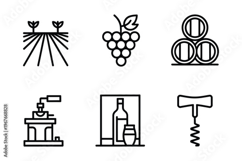 Set of winery and viticulture outline icons