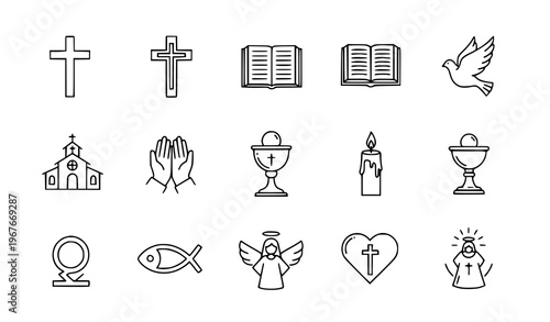 Christian theme outline icons religion faith church line vector collection isolated on white background