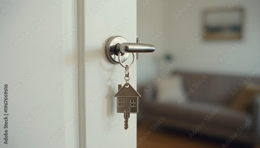 Fototapeta premium A key hangs on a door handle, marking the entry to a new home, with cardboard boxes and packing tape visible in the background