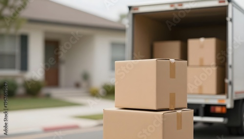 A moving truck is parked by a house, with boxes on the back, indicating a transition to a new home and fresh start