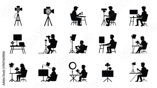 Silhouette of influencer filming setup with various equipment and lighting for content creation