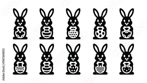 Festive easter bunny silhouettes with decorated eggs on white background for holiday designs
