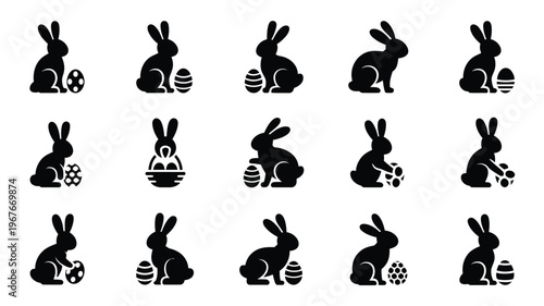 Easter celebration bunny silhouettes with decorated eggs on white background festive holiday icons