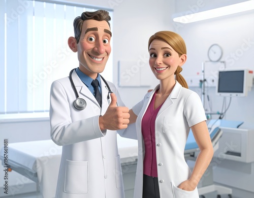 Smiling Cartoon Doctors in Hospital Room Giving Thumbs Up.