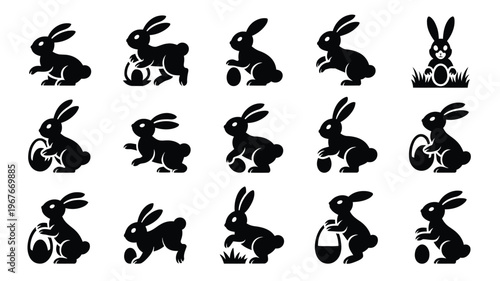 Easter bunny silhouettes in various poses with eggs on white background for holiday designs