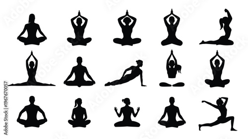 Yoga poses silhouettes for fitness and wellness routine on white background various meditation and exercise positions