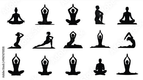 Black silhouettes of people practicing various yoga poses and meditation in a white background for wellness and fitness routine concepts