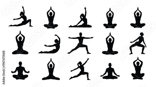Collection of black silhouette yoga poses for fitness and wellness routine on white background