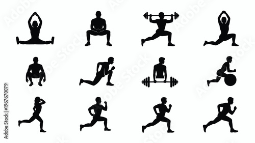 Daily workout routine silhouette icons for fitness and exercise various people engaging in physical activity