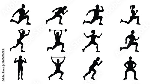 Collection of black silhouette icons depicting people running exercising and lifting weights in various dynamic poses for sports and fitness concepts