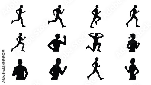 Collection of active lifestyle silhouettes running exercising and stretching on white background