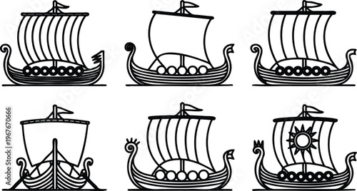 Set of six black and white illustrations of different viking ships with sails and oars on white background