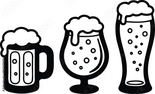 Three cartoon beer glasses with frothy foam on top  beer glass with handle and two tall glasses