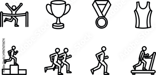 Stick figures running and exercising with trophy medal and tank top  various athletic poses and symbols