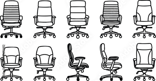 Ten office chairs in various styles and positions on white background