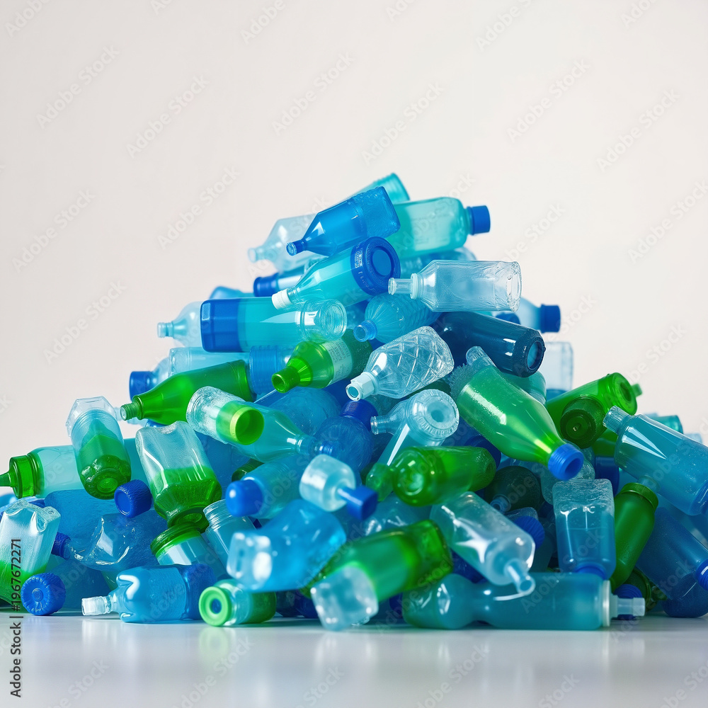 Obraz premium Plastic bottles pile, vibrant colors, recycling concept, copy space