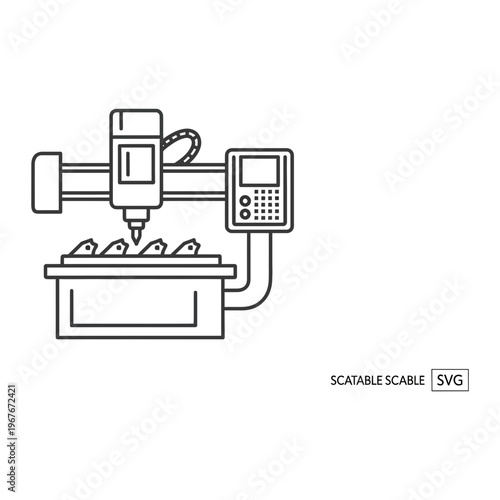 Cnc machine line art icon for manufacturing and engineering with production line